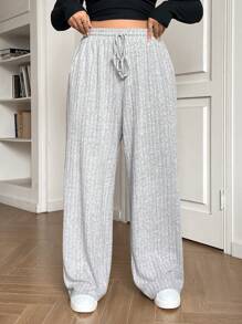 SHEIN EZwear Plus Size Women's Casual Drawstring Waist Grey Pants, Autumn - Light Grey - View 4