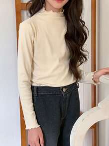 DAZY Tween Girls Solid Color Frill Collar Long Sleeve Casual T-Shirt, Autumn Winter - Apricot - View 1