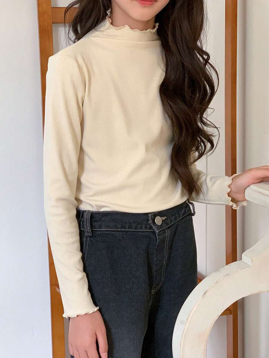 DAZY Tween Girls Solid Color Frill Collar Long Sleeve Casual T-Shirt, Autumn Winter - Apricot - View 1