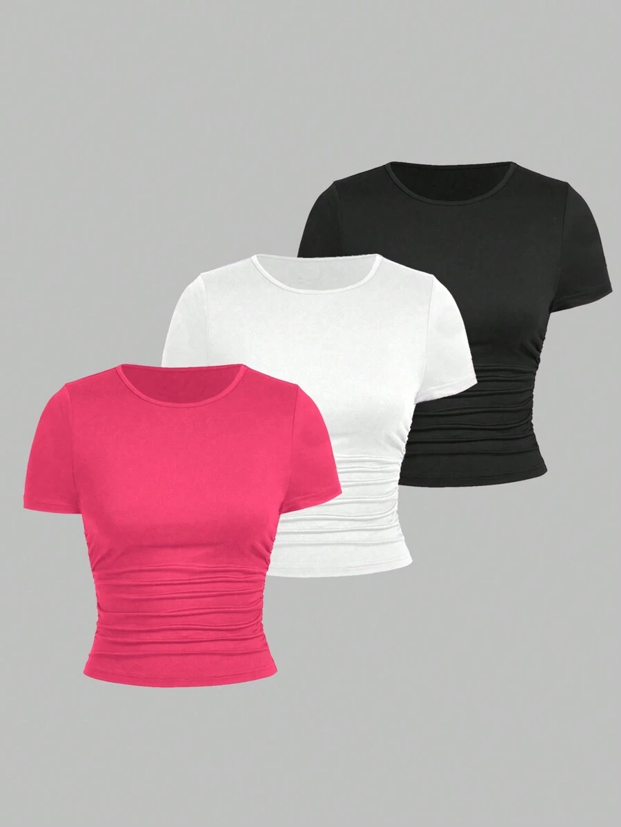 SHEIN Unity Bộ 3 Áo Thun Ngắn Cổ Tròn Xếp Ly Màu Trơn - Nhiều màu - Xem 1