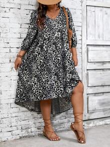 SHEIN LUNE Vestido de manga larga con escote en V y estampado de leopardo para tallas grandes - Multicolor - Ver 5