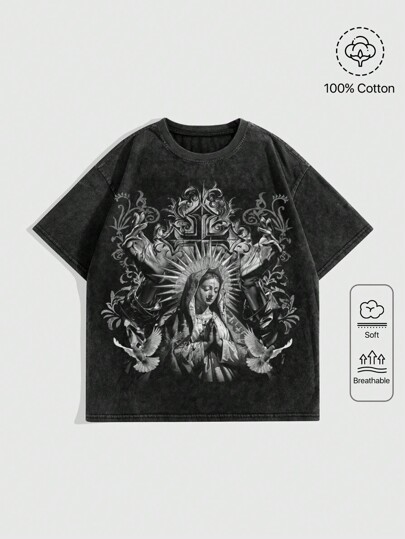 Grunge Punk Plus Size Virgin Mary Distressed Graphic T-Shirt