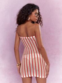 MISSGUIDED Strapless Bandeau Crochet Mini Dress Striped Bodycon Summer Knit Party Club Dress Form Fitting Beach Vacation Evening Attire