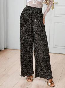 SHEIN Clasi 女式金属箔褶皱阔腿休闲裤 - 彩色 - 查看 5