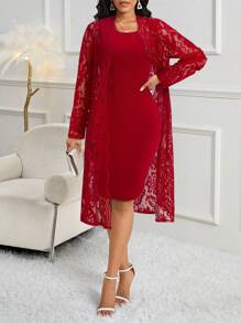 SHEIN Lady 2 件女士时尚优雅蕾丝夹克和白色紧身连衣裙套装 - 酒紅色 - 查看 6
