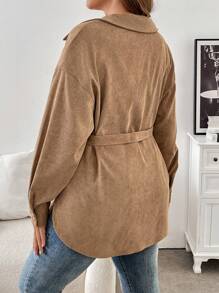 SHEIN Frenchy Abrigo largo de pana con botones, de manga larga, informal, en talla grande, color marrón, para otoño/invierno