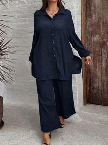 SHEIN LUNE 2pcs Plus Size Comfortable Textured Button-Up Long Sleeve Shirt And Elastic Waist Wide Leg Pants Set