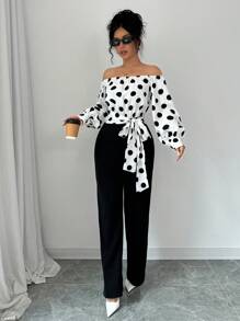 Selianne Women Off-Shoulder Polka Dot Allover Print Long Sleeve Jumpsuit Fall Cloth For Women - Black and White - View 4
