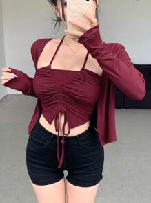 DAZY 女士纯色长袖开衫和露背抽绳无袖上衣两件套，秋季家居服套装 - 紅色 - 查看 1