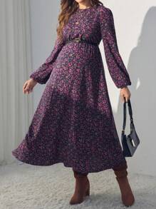 SHEIN Maternity Floral Print Crew Neck Long Sleeve Dress - Multicolor - View 2