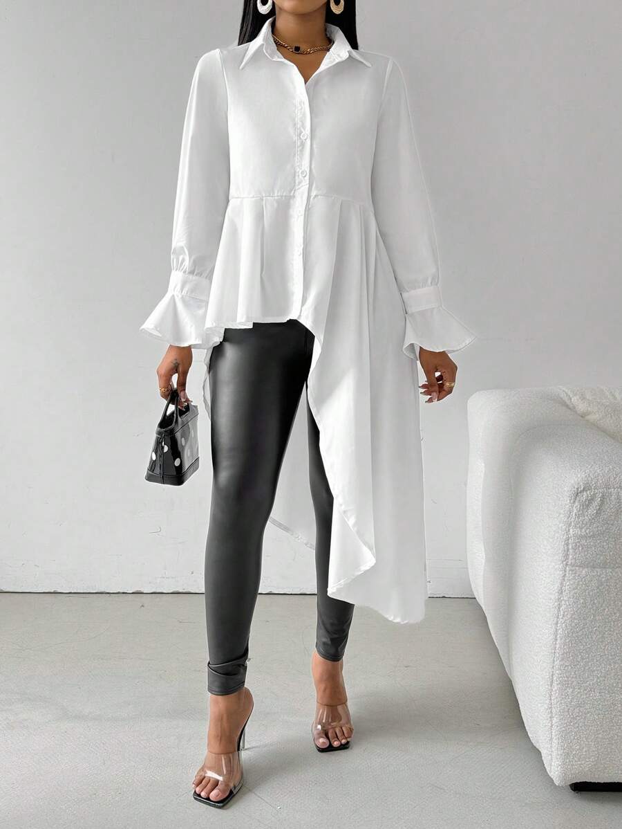 VaVaBold 女士春秋季不对称下摆休闲喇叭袖白衬衫 - 白色 - 查看 1