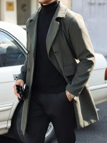 Manfinity CasualCool 男士双排扣纯色羊毛混纺大衣，男士风衣，男士大衣，秋冬男士服装，冬季男士大衣 - 墨綠色 - 查看 5