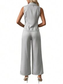 Chiquease Women's Front Button Collared Striped Blouse And Pants Casual Suit Set - Grey - View 2