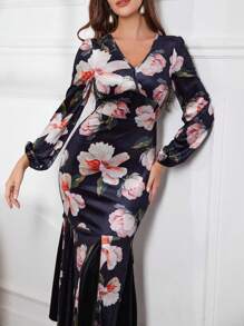 Modelyn Vestido de fiesta largo de manga larga con escote en V de terciopelo, estampado de terciopelo y parches de color sólido, ajuste ceñido y cola de pez, para otoño e invierno - Negro - Ver 4