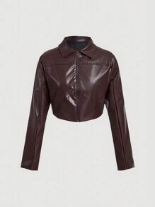 SHEIN X  Ignacia Antonia GENKIRA Chic Casual Versatile PU Metal Zipper Front Curved Hem Fitted Jacket Fall Cloth For Women - Burgundy - View 1