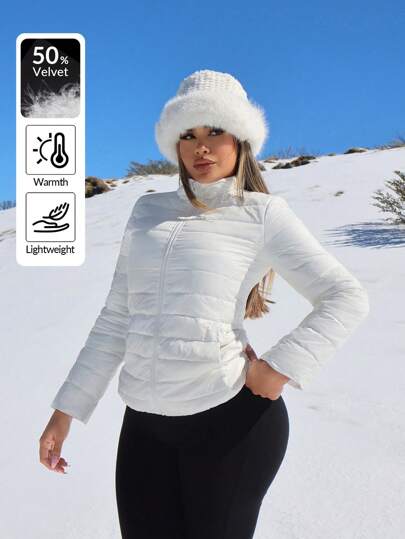 SHEIN SXY Women's Plain Stand Collar Zip-Up Long Sleeve Padded Winter Jacket