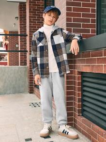 SHEIN 2 件套男童优雅格子衬衫搭配运动裤，适合秋冬季外出 - 灰色 - 查看 1