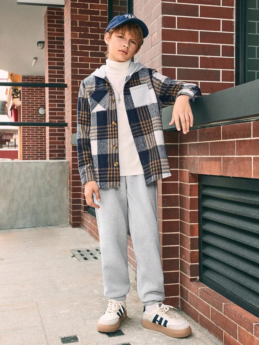SHEIN 2 件套男童优雅格子衬衫搭配运动裤，适合秋冬季外出 - 灰色 - 查看 1