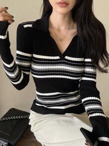 DAZY Women's Striped Collared Long Sleeve Business Casual Pullover Sweater