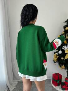 Chiquease Christmas Women's Santa Claus Portrait V-Neck Knitted Cardigan,Three Quarter Sleeve Tops - Green - View 2