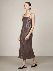 BizChic Women's Elegant Commuter Slip Dress In Leather, Christmas Outfit - Coffee Brown - View 3