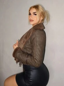 VaVaBold 女士翻领拉链系腰带长袖蓬松复古皮夹克 - 棕色 - 查看 3