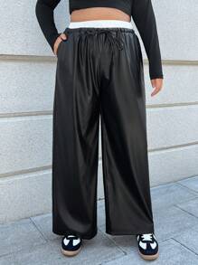 SHEIN EZwear 大码女式纯色拼布前系带休闲裤 - 黑色 - 查看 1