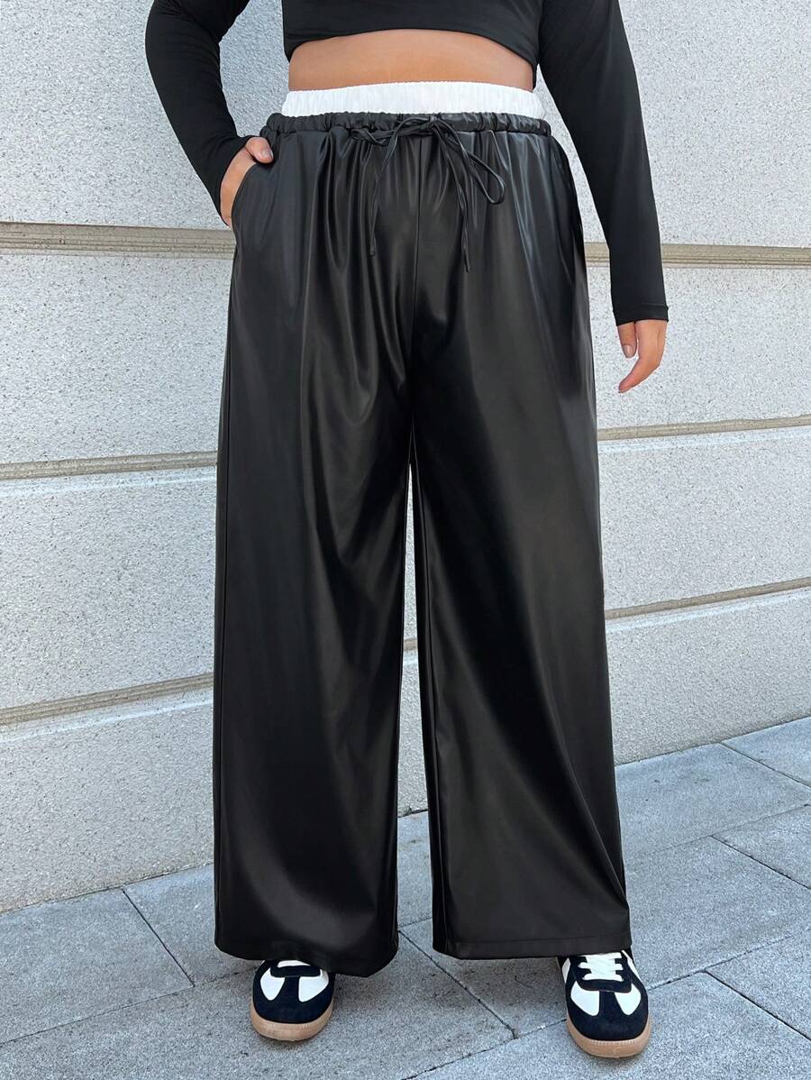 SHEIN EZwear 大码女式纯色拼布前系带休闲裤 - 黑色 - 查看 1