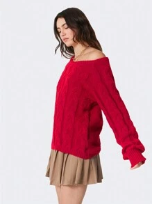 Easelle 女式不对称领长袖休闲红色套头毛衣，秋冬 - 紅色 - 查看 4