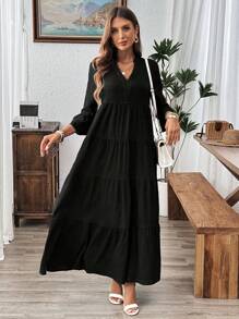 EMERY ROSE V-Neck Ruffled Sleeve & High-Low Hem Tree Leaf Print Casual Fall Long Dress For Women Viscose Dress - Black - View 6