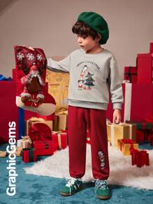 2 件装年轻男孩圣诞老人驯鹿雪人堆叠圣诞树印花运动衫和裤子圣诞服装套装