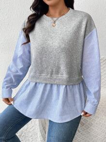 SHEIN CURVE+ 大码女式圆领长袖条纹印花弧形下摆拼布运动衫，秋装，秋季女式衬衫，秋季运动衫，法式领带 100% 纯棉蓝白条纹运动衫