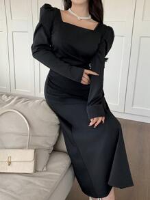 Modelyn Women's Elegant Mid-Length Black Dress With Bowknot Decor & Gigot Sleeve, Autumn & Winter Long Evening Dresses - Multicolor - View 5