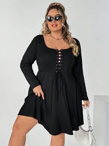 SHEIN CURVE+ Plus Size Women Dark Punk Style Lace-Up Crew Neck Long Sleeve Dress, Winter Fall Clothes Halloween - Black - View 4