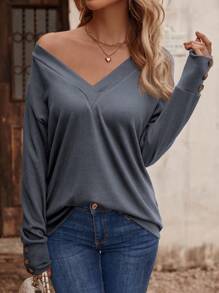 SHEIN LUNE Áo thun dài tay cổ chữ V giản dị dành cho nữ có nút trang trí, mùa thu - Màu xanh bụi bặm - Xem 6