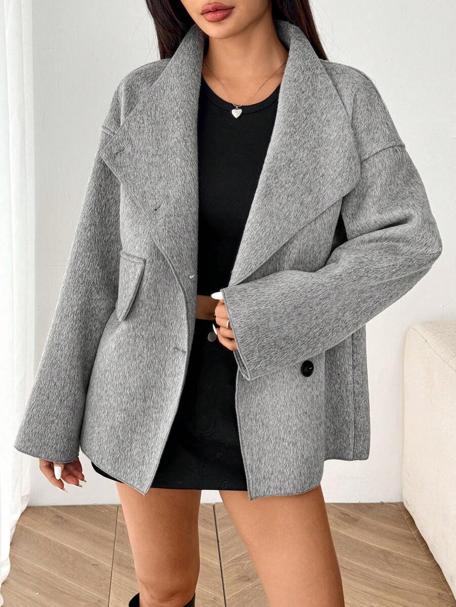 SHEIN EZwear Áo khoác ngoài màu xám dáng rộng cho nữ, áo khoác ngoài trễ vai, quần áo thu đông cho nữ - Xám - Xem 1