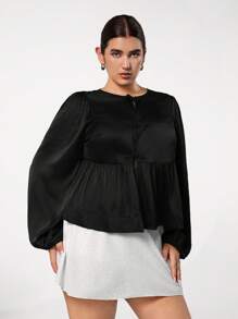 SHEIN EZwear Plus Size Women Fall Daily Casual Loose Fit Bowknot Shirt, Workplace Lightweight Shiny Satin Blouse - Black - View 4
