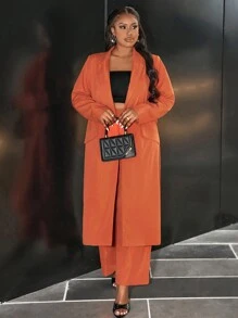 Slaydiva Women Plus Size Brown Solid Color Blazer And Pants Suit, Business Commute - Rust Brown - View 5