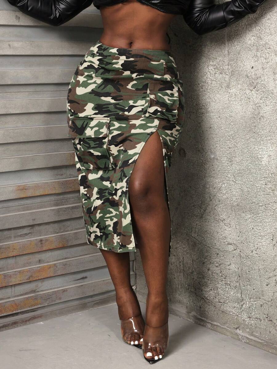 SHEIN Slayr 女式豹纹工装口袋侧开衩下摆时尚牛仔半身裙 - 彩色 - 查看 1