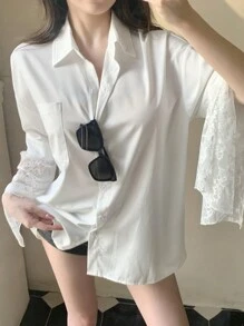 DAZY Blus Patchwork Lengan Lonceng dengan Hiasan Renda Transparan untuk Pakaian Kantor Wanita, Atasan Lengan Panjang untuk Pakaian Musim Gugur - Putih - View 6