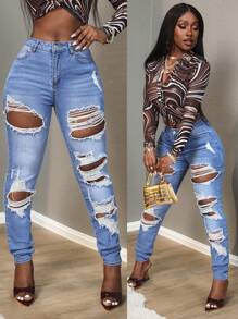SHEIN Slayr Quần Jeans Skinny Cạp Giữa Thường Ngày - Rửa trung bình - Xem 5