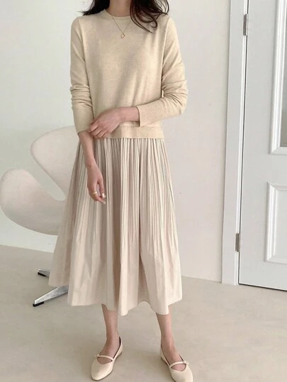 DAZY 女士纯色圆领褶皱优雅长袖毛衣裙，返校服
