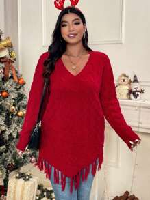 EMERY ROSE Plus Size Twist Rope Fringe Hem Pullover Sweater - Red - View 6