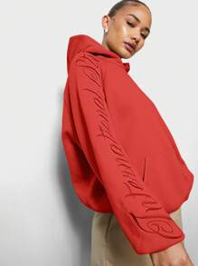 SUMWON WOMEN Cozy Athleisure Hoodie Oversized Script Logo Sleeve Sweatshirt Winter Sports Athletic Workout Loungewear - Red - View 3