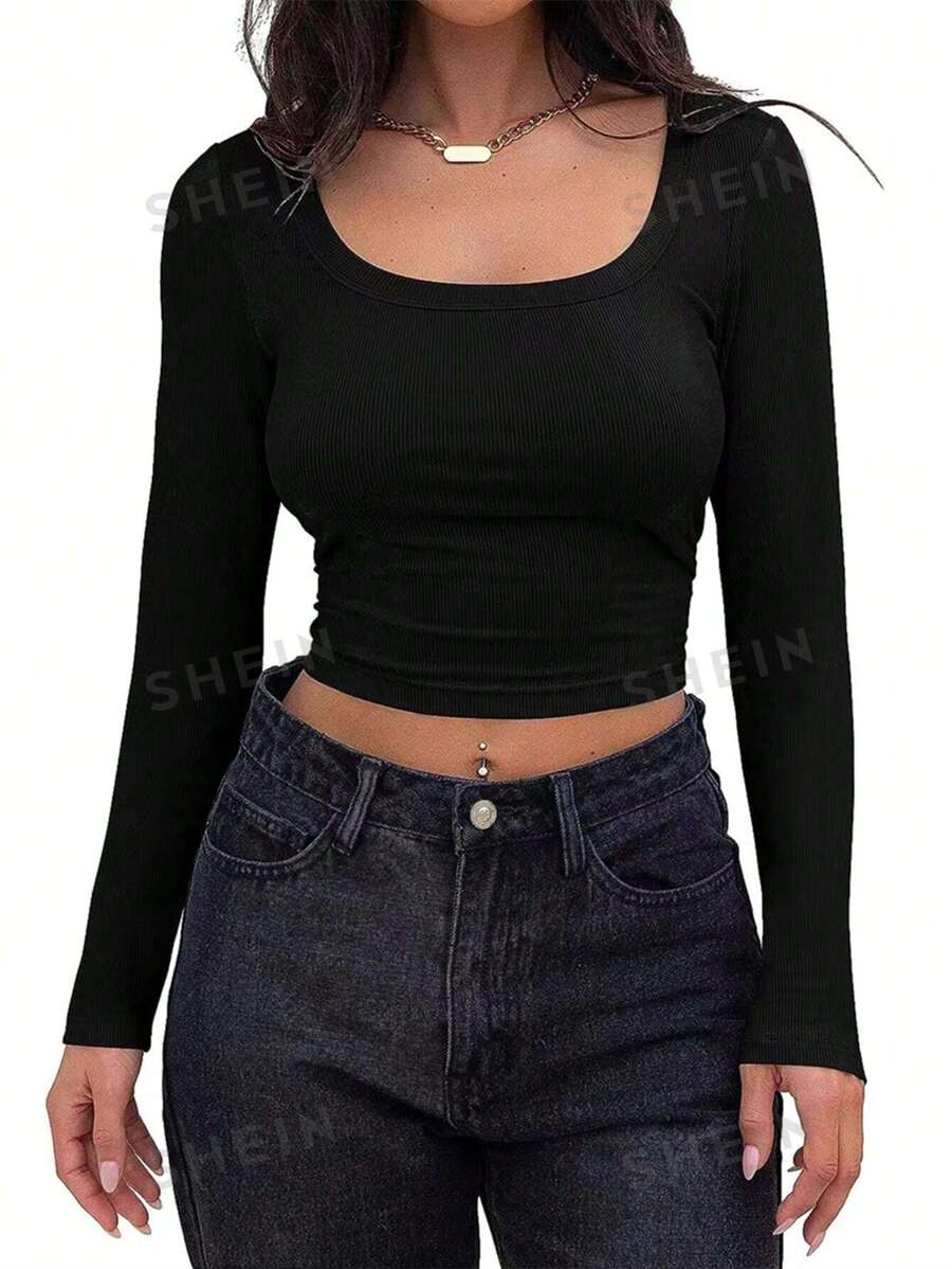 Zyxie Camiseta de manga larga ajustada, cuello redondo, unicolor, para mujer, primavera otoño