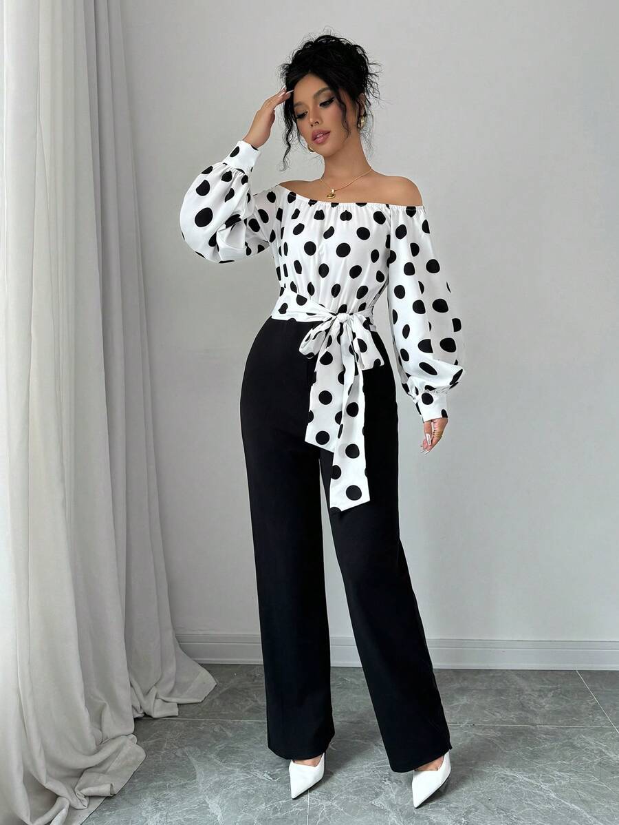Selianne Women Off-Shoulder Polka Dot Allover Print Long Sleeve Jumpsuit Fall Cloth For Women - Black and White - View 1