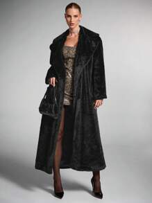 SHEIN X Phaith Montoya SHEIN BAE Women's Solid Color Long Sleeve Simple Long Jacket, Fur Coat Casual Daily Wear Winter Vintage Fur Coat Fall Women Clothes Halloween Customs Women Cat Woman Costume Fur Coat Warm Comfortable And Soft, Suitable For Various Occasions When Going Out Commuting Or Partying - Dark Grey - View 2