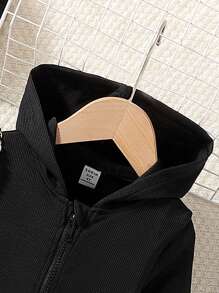 SHEIN 2pcs Young Girl Fashionable Ribbed Hoodie Crop Jacket And Flare Pants Set, New Spring/Autumn Choice! - Black - View 6