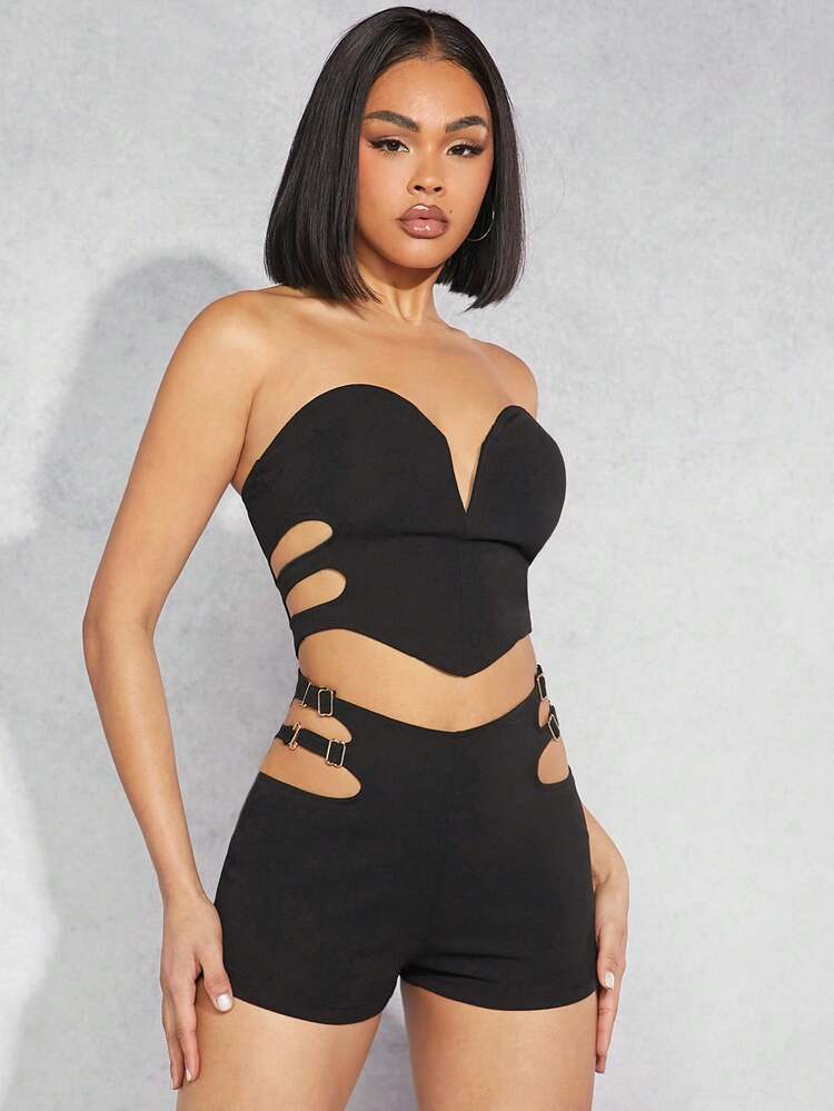 Cut Out Side Top & Buckle Shorts Two Pieces Set