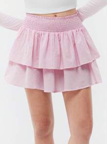 Muchica 女士格子时尚休闲粉色荷叶边下摆半身裙 - 粉色 - 查看 2